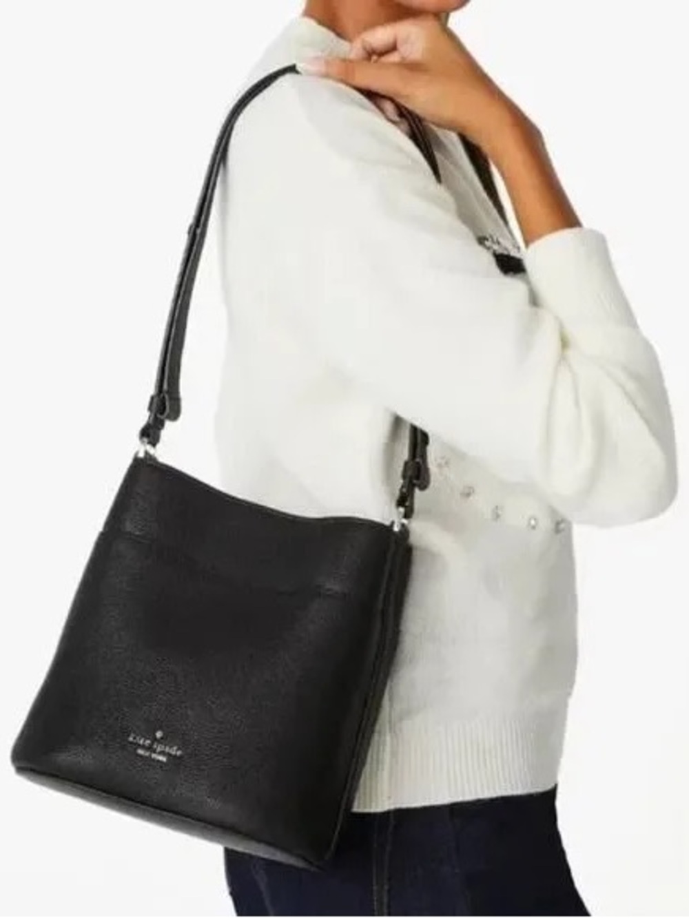 Kate Spade Leila Black Pebbled Leather Adjustable Strap Crossbody Bucket Bag NEW - Picture 3 of 8